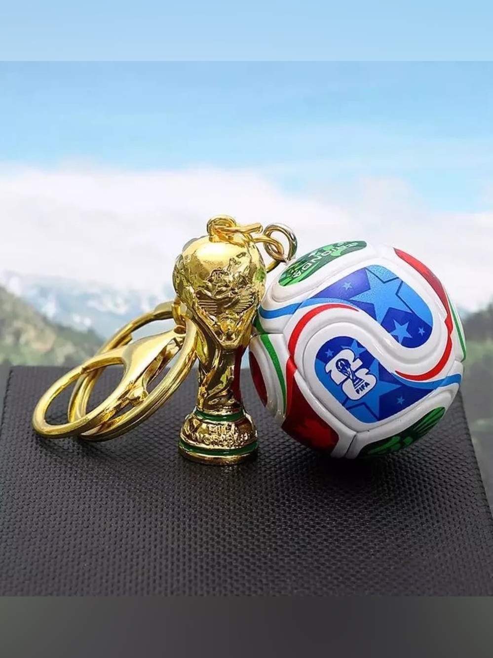 Gold Trophy & Soccer Ball Keychain - White, Red, Blue, Green FIFA